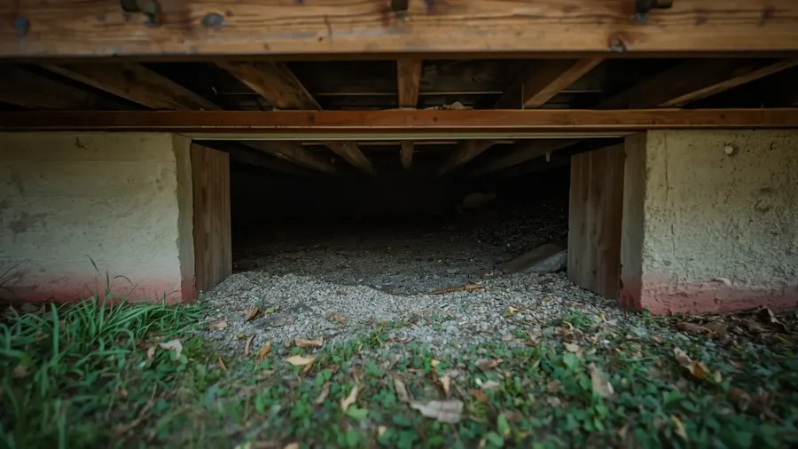 The low space beneath a wooden deck, with gravel on the ground between concrete supports.