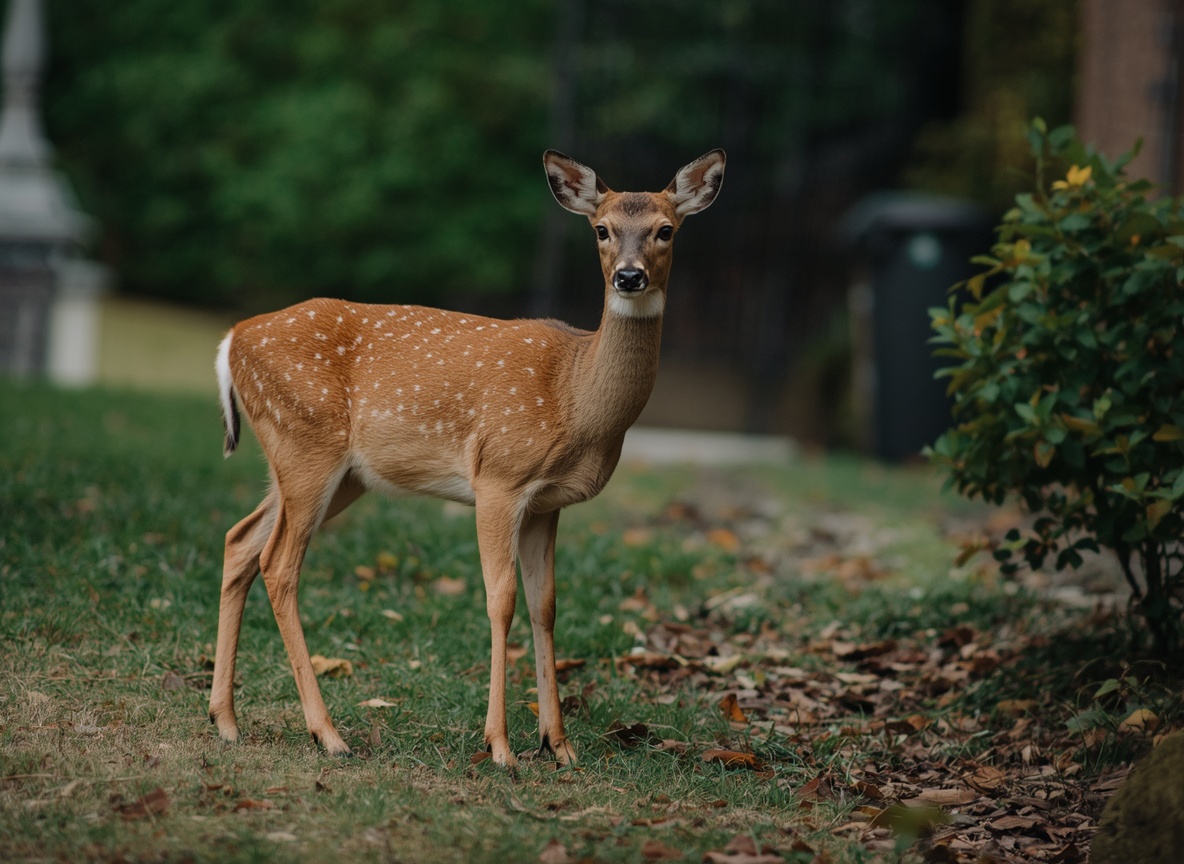 A young white-tailed deer with a spotted coat standing on a residential lawn beside shrubs.