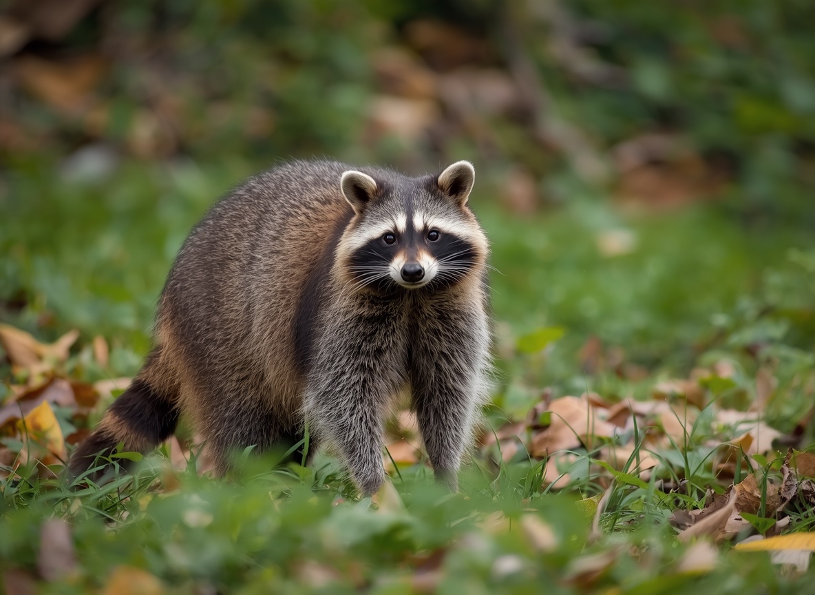 A raccoon standing on a lawn scattered with fallen leaves.