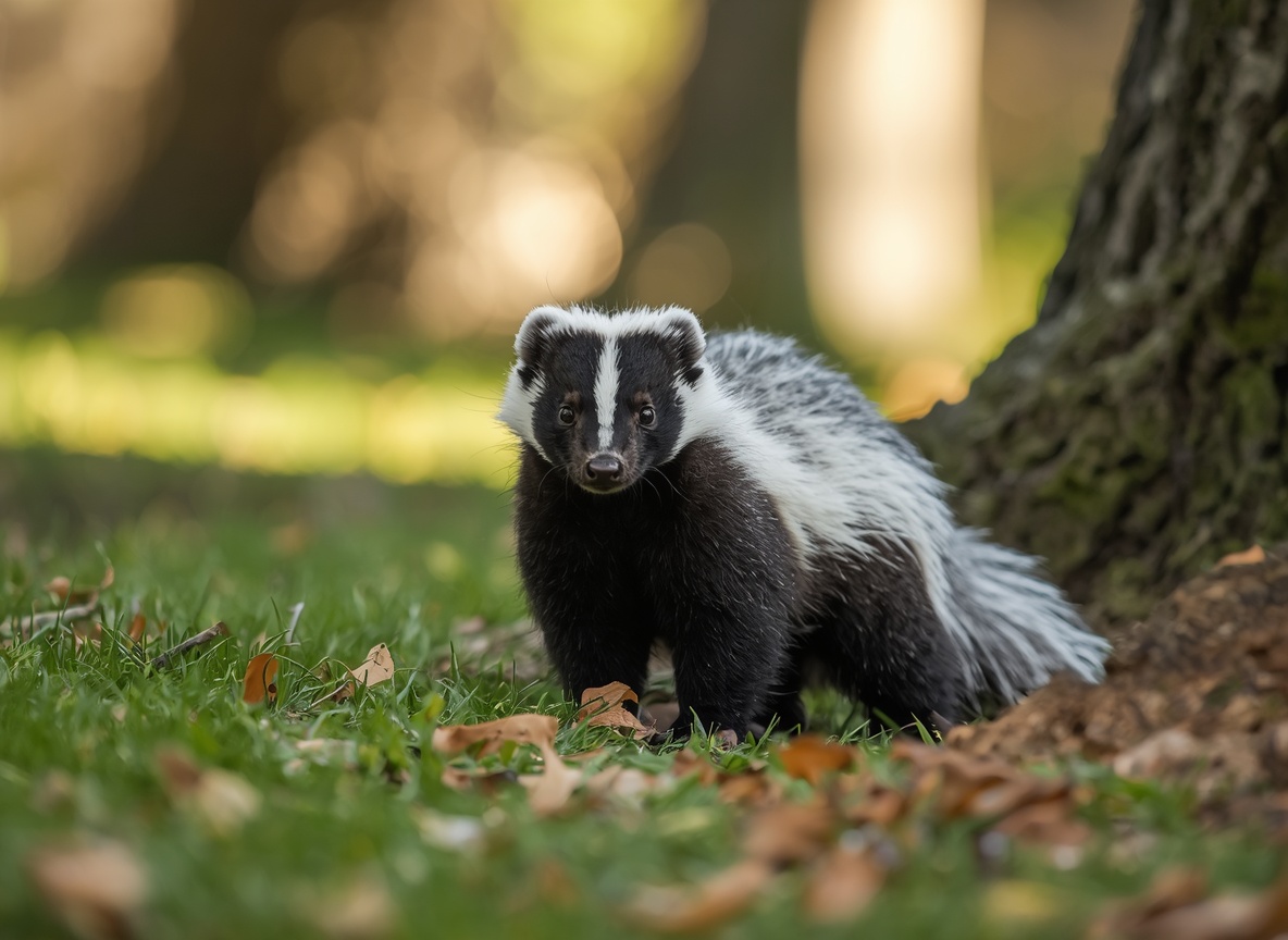 A striped skunk on a lawn beside the trunk of a tree.