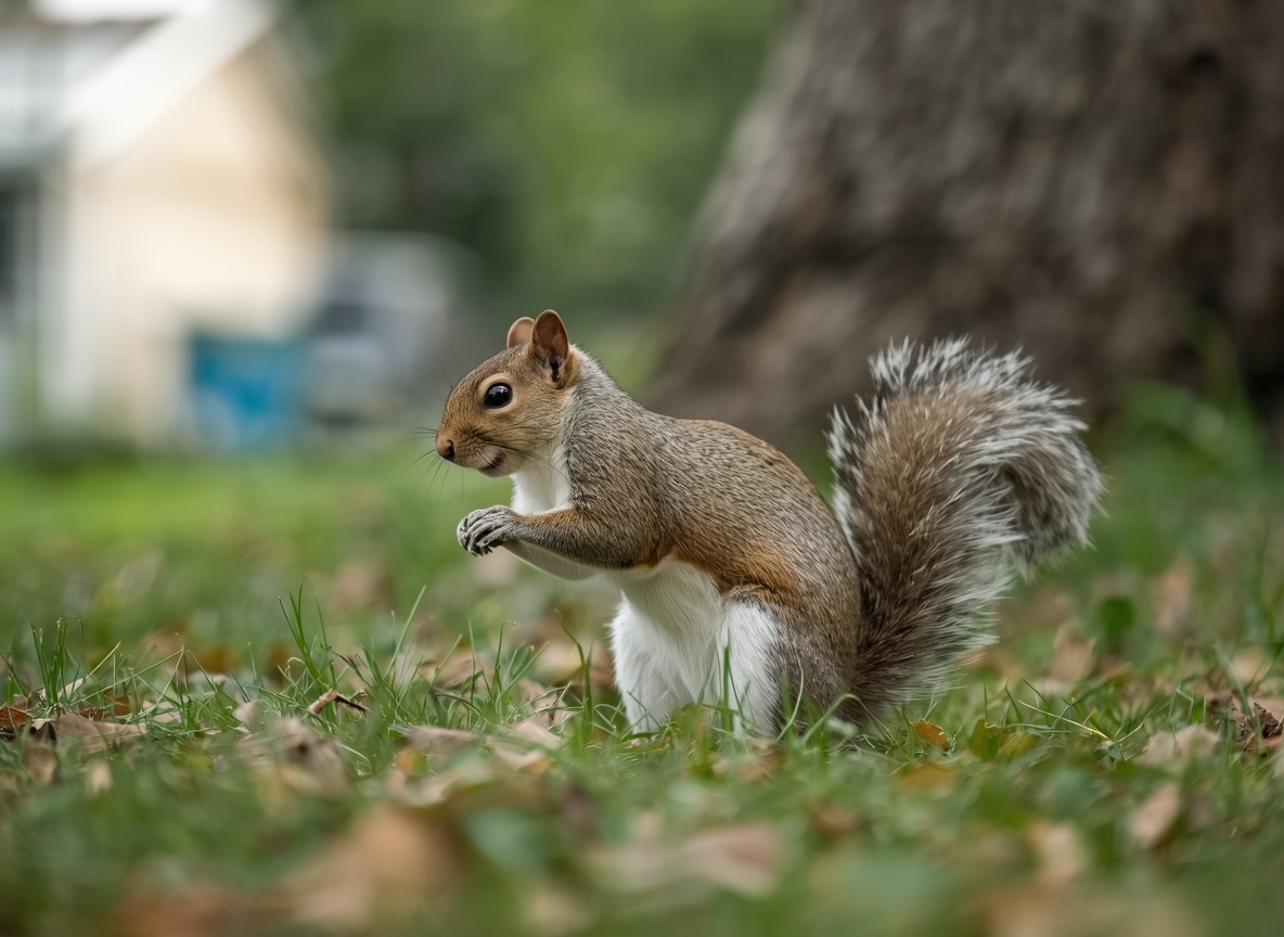 A gray squirrel sitting up on a leaf-strewn lawn in a backyard.